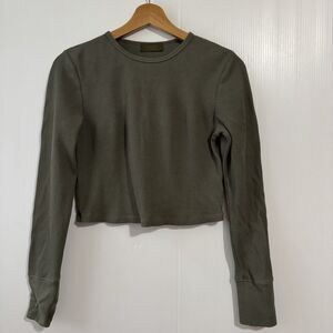 Nuuds Womens Olive Green Waffle Cropped Long Sleeve Thermal Top Sz M